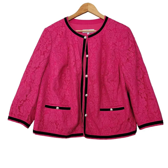 rsvp by TALBOTS Womens Suit Jacket Size 18WP Pink Floral Cotton Lace Pockets - Picture 1 of 9